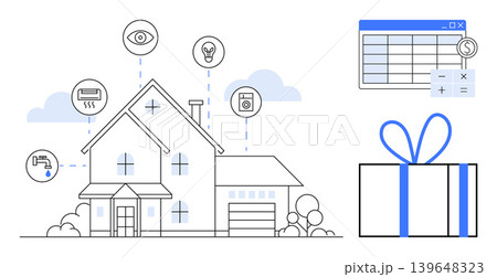 Smart homes, automation, budgeting, energy efficiency, home technology, security. Illustration shows a connected house with smart features and financial planning elements. Smart homes and automation Smart homes, automation, budgeting, energy efficiency, home technology, security. Illustration shows a connected house with smart features and financial planning elements. Smart homes and automation 139648323