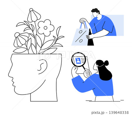Creativity, digital identity, e-commerce, online shopping, innovative thinking, personal growth. Head filled with flowers, figure holding shopping bags, another examining ID with magnifier 139648338