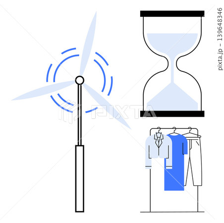 Renewable energy, time management, sustainable fashion, green technology, environmental conservation, eco-efficiency. Wind turbine, hourglass and clothing on hangers. Renewable energy and time 139648346