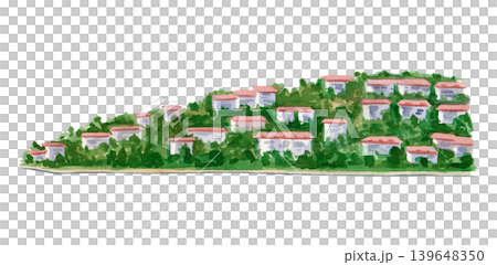 Watercolor illustration with a panoramic view of a seaside village located on a gentle green hill, against an isolated background. This horizontal composition is designed as a modular element to 139648350
