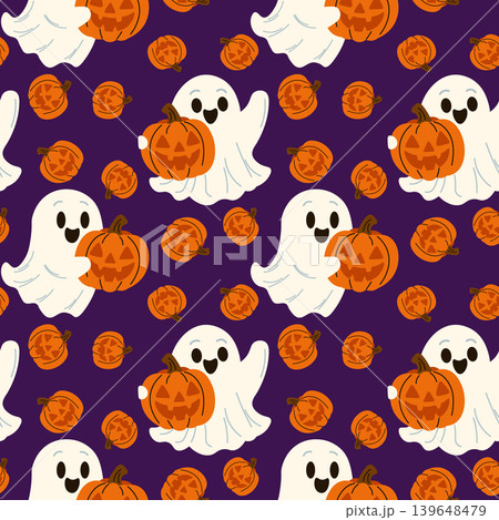 Halloween seamless pattern with ghosts and pumpkins. Vector Illustration. purple background 139648479