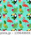 Seamless tropical pattern with flamingos, toucans and hibiscus flowers on turquoise background. Bright summer vector print with birds and monstera leaves for textile and design. 139648604