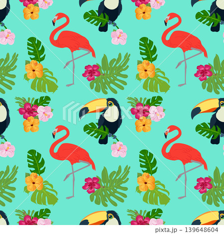 Seamless tropical pattern with flamingos, toucans and hibiscus flowers on turquoise background. Bright summer vector print with birds and monstera leaves for textile and design. 139648604