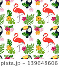 Bright seamless pattern with flamingos, toucans and hibiscus flowers on a white background 139648606