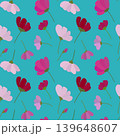 Modern seamless floral pattern with stylized pink and purple flowers on bright turquoise background. 139648607