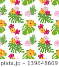 Seamless tropical pattern with hibiscus flowers and monstera leaves. Bright summer print on white background for textile, packaging and wallpaper. Exotic vector design in flora style. 139648609