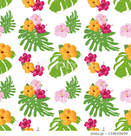 Seamless tropical pattern with hibiscus flowers and monstera leaves. Bright summer print on white background for textile, packaging and wallpaper. Exotic vector design in flora style. Seamless tropical pattern with hibiscus flowers and monstera leaves. Bright summer print on white background for textile, packaging and wallpaper. Exotic vector design in flora style. 139648609