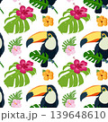 Seamless pattern with toucans, hibiscus flowers and monstera leaves. Bright tropical print in vector style on white background for children's clothing, textiles, wallpapers and summer design. 139648610
