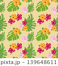 Seamless tropical pattern with hibiscus flowers and monstera leaves. Bright vector print in summer style for textiles 139648611