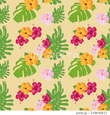 Seamless tropical pattern with hibiscus flowers and monstera leaves. Bright vector print in summer style for textiles 139648611
