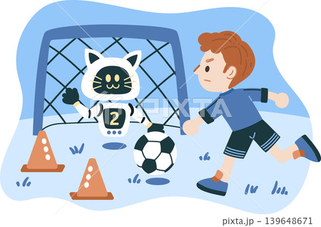 AI cat robot goalkeeper playing soccer with boy illustration. 139648671