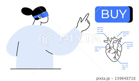 Virtual shopping, healthcare innovation, technology integration, digital commerce, science visualization, futuristic interactions. A person wearing VR glasses points to a buy button linked 139648718