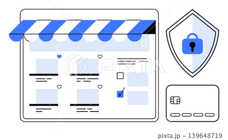 E-commerce security, payment protection, cybersecurity practices, online shopping, digital transactions, data privacy. Storefront interface, shield with lock and credit card graphic. E-commerce 139648719