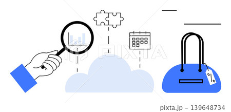 Data analysis, cloud computing, e-commerce, workflow management, problem-solving, retail analytics. Hand with magnifying glass, cloud calendar puzzle and shopping bag. Data analysis and cloud 139648734