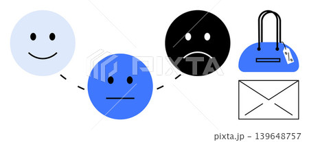 Emotions, e-commerce workflows, decision making, customer feedback, consumer journey, retail marketing. happy icons with a bag and envelope. Emotions and e-commerce workflows ion 139648757