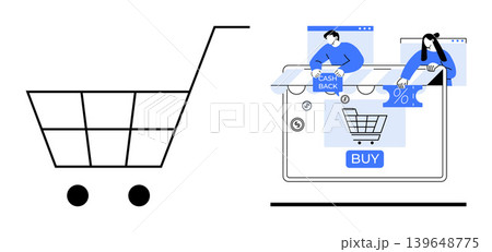 Online shopping, cashback offers, discounts, retail technology, e-commerce services, consumer purchase habits. Shopping cart icon next to a screen with digital purchasing elements. Online shopping 139648775