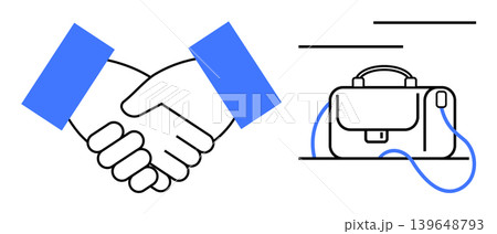 Business partnerships, professional services, teamwork, career growth, negotiation, corporate agreements. Handshake symbol and briefcase illustration. Business partnerships and professional tools Business partnerships, professional services, teamwork, career growth, negotiation, corporate agreements. Handshake symbol and briefcase illustration. Business partnerships and professional tools 139648793