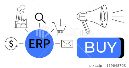 Business management, process automation, e-commerce solutions, financial systems, industrial processes, digital marketing. ERP with icons thumbs up factory, money, shopping cart magnifying glass 139648798
