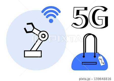 Automation technology, 5G connectivity, retail tech, e-commerce, IoT, consumer trends. Robot arm with a wireless signal, 5G symbol shopping bag with a tag. Automation and 5G connectivity concept 139648816