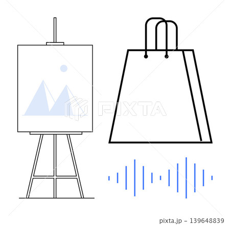 Art, creativity, e-commerce, retail, sound design, technology. Minimalist composition features easel with artwork, shopping bag and sound wave pattern. Art and e-commerce concepts 139648839