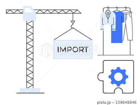 International trade, logistics, supply chain, apparel industry, automation, import-export industry. Crane lifting cargo container marked import, clothes rack gear puzzle. International trade 139648846