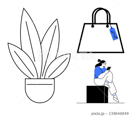E-commerce, nature, online shopping, digital lifestyle, retail, modern design. Monochrome potted plant, shopping bag with tag and woman sitting with smartphone. E-commerce and nature concept E-commerce, nature, online shopping, digital lifestyle, retail, modern design. Monochrome potted plant, shopping bag with tag and woman sitting with smartphone. E-commerce and nature concept 139648849