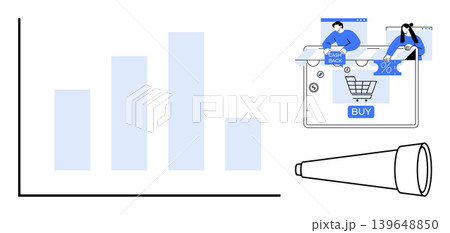 E-commerce, online shopping, marketing strategy, sales analysis, consumer behavior, and data visualization. Bar chart, shopping cart digital buyers and a magnifying glass. E-commerce and marketing E-commerce, online shopping, marketing strategy, sales analysis, consumer behavior, and data visualization. Bar chart, shopping cart digital buyers and a magnifying glass. E-commerce and marketing 139648850