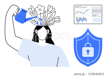 Mental health, data analysis, cybersecurity, growth, self-development, protection. Woman watering flowers sprouting from head, chart shield with lock. Mental health and data analysis concepts 139648851