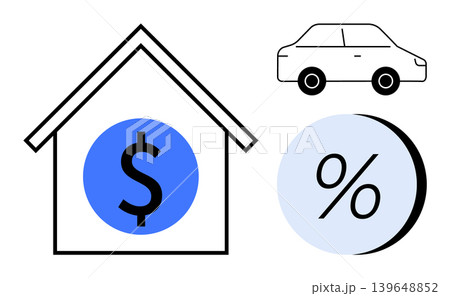 Real estate, loans, financial planning, mortgages, car loans, interest rates. House with dollar sign, car graphic and percentage symbol. Real estate and loans conceptual elements 139648852