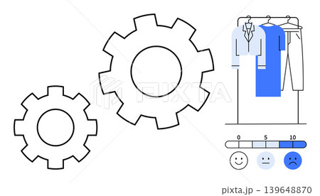 Automation, consumer satisfaction, feedback systems, fashion industry, clothing production, quality control. Two gears, a clothing rack and a satisfaction scale with faces. Automation and consumer Automation, consumer satisfaction, feedback systems, fashion industry, clothing production, quality control. Two gears, a clothing rack and a satisfaction scale with faces. Automation and consumer 139648870