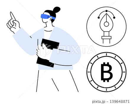 Virtual reality, blockchain, fintech innovation, creative design, digital economy, remote learning. A person with a VR headset points, holding a tablet next to Bitcoin and design icons. Virtual Virtual reality, blockchain, fintech innovation, creative design, digital economy, remote learning. A person with a VR headset points, holding a tablet next to Bitcoin and design icons. Virtual 139648871