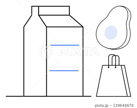 Grocery shopping, sustainable living, food packaging, healthy eating, retail concepts, eco-friendly shopping. Line art of a milk carton, avocado and shopping bag. Grocery shopping and sustainable 139648878