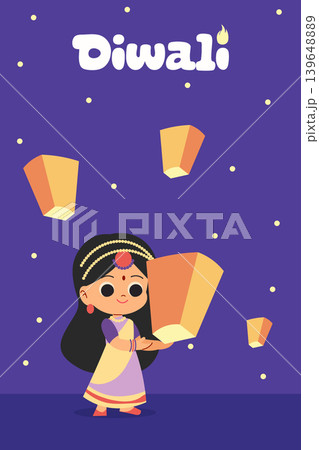 Banner Happy Diwali. cute Indian girl with Flying Lanterns. Vector Illustration. Indian festival of lights Design 139648889