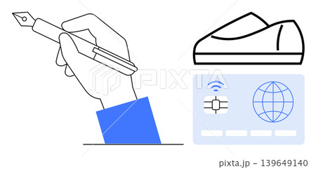 Digital payments, authentication, financial operations, identity verification, online shopping, secure transactions. Hand holding a pen, NFC card and payment terminal illustration. Digital payments 139649140
