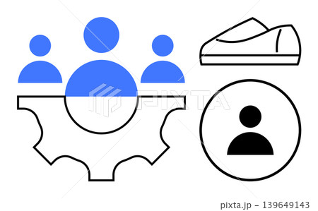 Collaboration, workflow, identity, organization, systems, design. Abstract design with people in a gear, shoe circular user icon. Collaboration and workflow visuals in a minimalist style 139649143