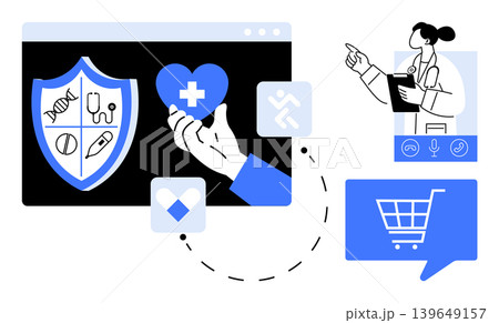 Telemedicine, online shopping, health services, e-health, medical security, digital commerce. Shield with health icons, doctor hand with heart shopping cart. Telemedicine and online shopping 139649157