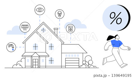 Smart home integration, energy efficiency, IoT connectivity, automation, modern living, home security. House with connected icons and energy symbols. Smart home integration and energy efficiency 139649195