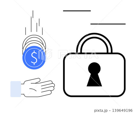 Finance, data protection, secure transactions, online banking, payment security, savings. Falling coins, open hand and padlock. Finance and secure transactions concept Finance, data protection, secure transactions, online banking, payment security, savings. Falling coins, open hand and padlock. Finance and secure transactions concept 139649196