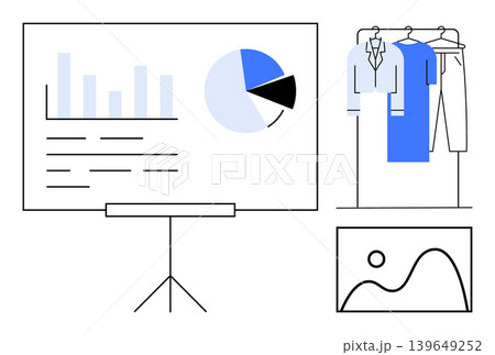 Business strategy, fashion merchandising, data analysis, creative industries, e-commerce, minimal aesthetics. Graph, pie chart clothing rack image frame. Business strategy and fashion merchandising Business strategy, fashion merchandising, data analysis, creative industries, e-commerce, minimal aesthetics. Graph, pie chart clothing rack image frame. Business strategy and fashion merchandising 139649252