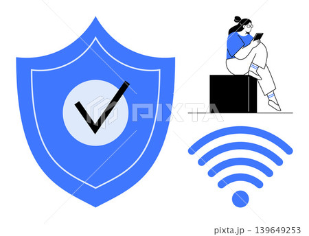 Data privacy, online safety, secure communication, digital access, technology, connectivity. Shield with check mark, wireless symbol person using a device. Data privacy and online safety ideas 139649253