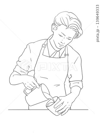 コーヒーを注ぐ男性のカフェ店員 手描き風線画イラスト ラテアート コーヒーを注ぐ男性のカフェ店員 手描き風線画イラスト ラテアート 139649333