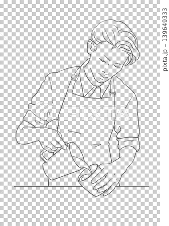 手繪風格的線條藝術插圖，描繪了一位男性咖啡師正在倒咖啡，製作拉花藝術。 139649333