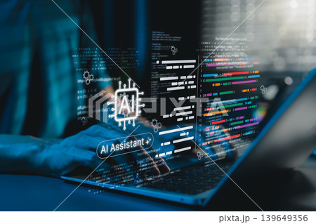 AI coding assistant for software development concept. Machine Learning Code, Programmer use laptop with code and AI chip represents artificial intelligence, AI programming, software development tools, 139649356