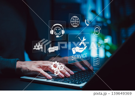 Customer service and technical support concept. Person using laptop with digital icons of 24/7 assistance, call center, workflow, and maintenance tools. Ideal for business help desk and client care. Customer service and technical support concept. Person using laptop with digital icons of 24/7 assistance, call center, workflow, and maintenance tools. Ideal for business help desk and client care. 139649369
