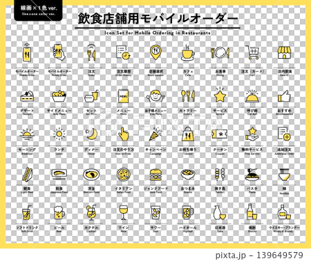 Icon set for mobile ordering in restaurants and cafes; smartphone, order, pictograms. Icon set for mobile ordering in restaurants and cafes; smartphone, order, pictograms. 139649579