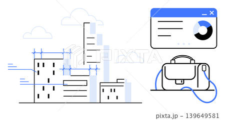 Urban development, architecture design, business analytics, project management, data visualization, city planning. buildings under construction, a briefcase and a data chart. Urban planning 139649581