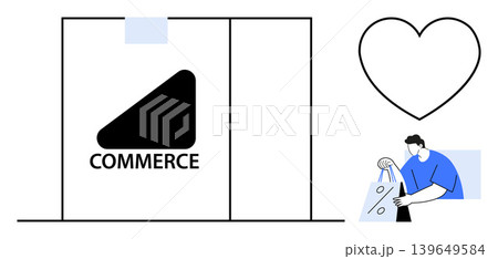 E-commerce, online retail, shopping trends, marketing, customer engagement, digital businesses. a storefront icon, a heart and a shopper with bags. E-commerce and online retail concept E-commerce, online retail, shopping trends, marketing, customer engagement, digital businesses. a storefront icon, a heart and a shopper with bags. E-commerce and online retail concept 139649584