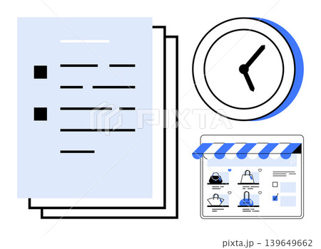 Business tools, productivity, scheduling, e-commerce, time tracking, digital workflows. Papers, clock and online store interface. s business tools and productivity management Business tools, productivity, scheduling, e-commerce, time tracking, digital workflows. Papers, clock and online store interface. s business tools and productivity management 139649662