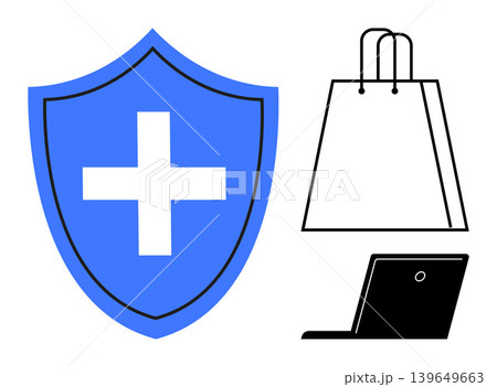Online shopping, cybersecurity, data protection, e-commerce, safe transactions, digital tools. Blue shield with cross, shopping bag and laptop. Cybersecurity and online shopping concepts 139649663
