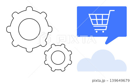 E-commerce, cloud computing, online shopping, digital marketing, software integration, and automation. Shopping cart in a blue speech bubble with gears and a cloud symbol. E-commerce and cloud E-commerce, cloud computing, online shopping, digital marketing, software integration, and automation. Shopping cart in a blue speech bubble with gears and a cloud symbol. E-commerce and cloud 139649679